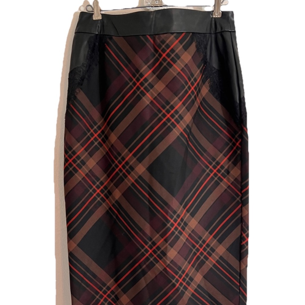 New York & Company 7th Ave Brown Plaid Midi Skirt Size 6 Office Faux Leather